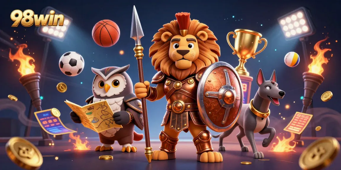 Experience thrilling sports betting action with 98win's vibrant illustration showcasing a heroic Spartan lion and dynamic sports elements.