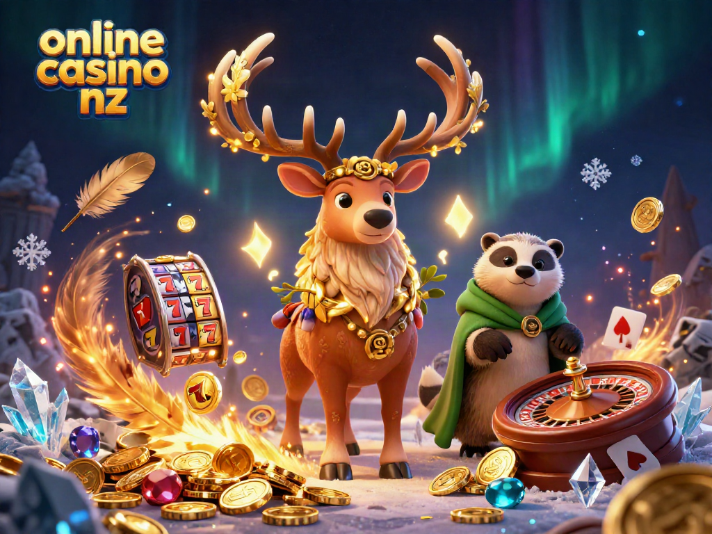 Experience the thrill of online casino nz with slot reels, poker elements, and enchanting characters.