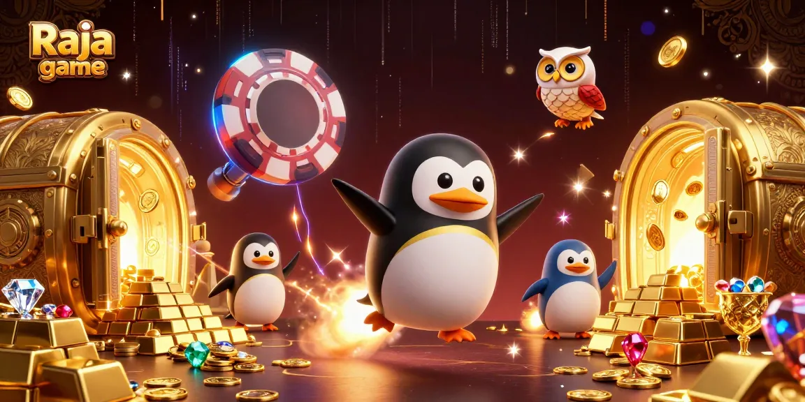 Join the Raja game adventure with a golden penguin soaring through slots and treasures!