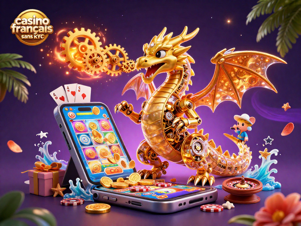Découvrez l'expérience de jeu dans un casino français sans KYC avec un dragon doré et des éléments de jeux d'argent.
