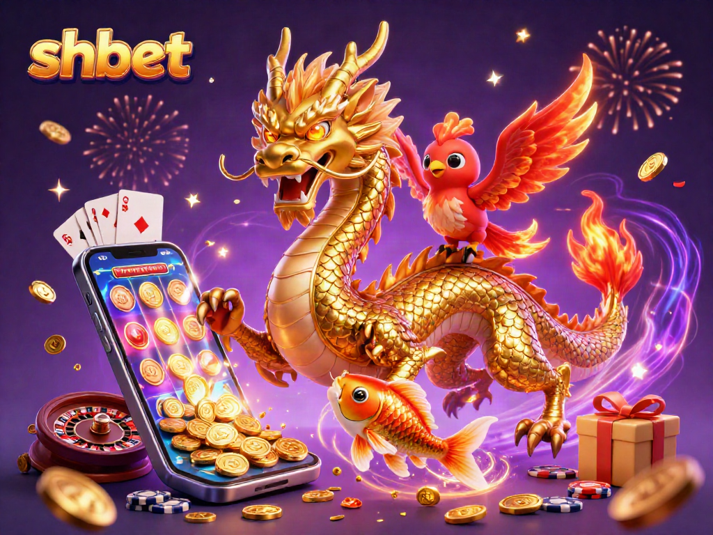 Join the shbet adventure with a dragon and phoenix amidst a vibrant casino scene!