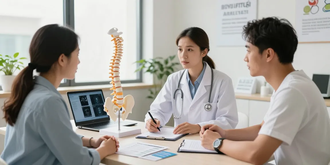 Boyun fıtığı ameliyatı consultation between a surgeon and patient in a modern medical clinic.