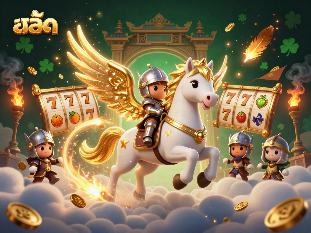Experience the thrill of สล็อต with an action-packed illustration of a knight on a celestial horse amidst slot reels and treasure.