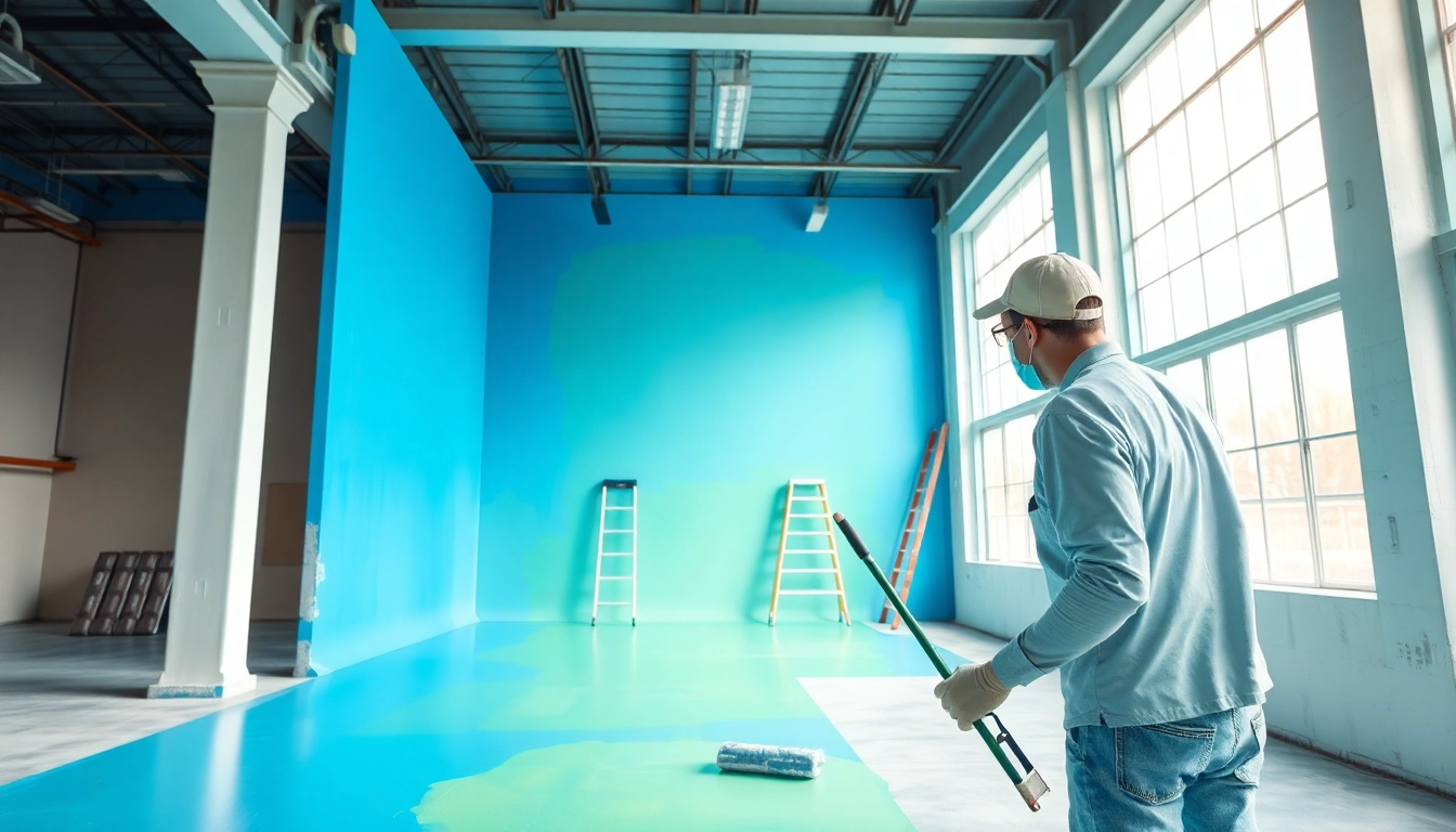 Commercial painter meticulously applying bright paint to a wall in an industrial space.