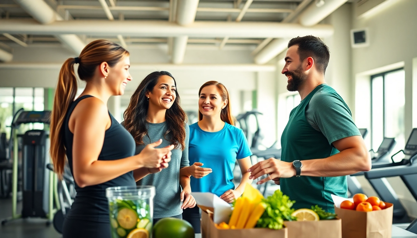 Engaging fitness and nutrition session in a vibrant gym, highlighting energetic coaching.