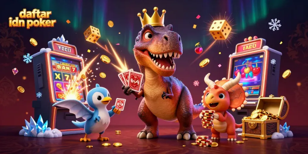 Engaging scene of daftar idn poker with a T-Rex card shuffling and friends at a vibrant casino backdrop.