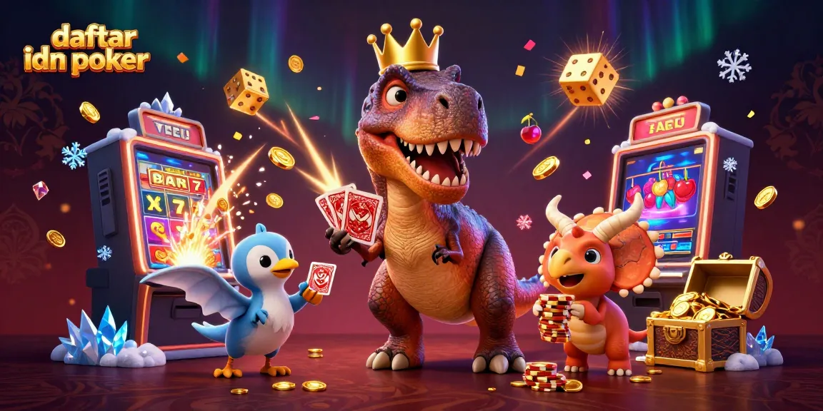 Engaging scene of daftar idn poker with a T-Rex card shuffling and friends at a vibrant casino backdrop.