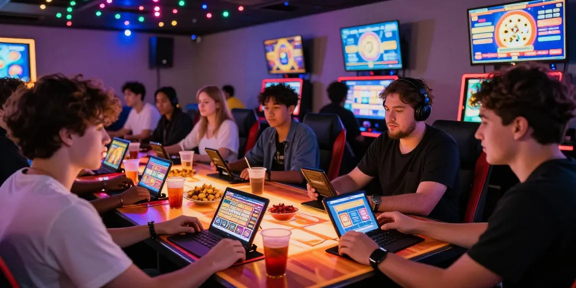 Friends playing เกมสล็อต on mobile devices in a vibrant gaming lounge.
