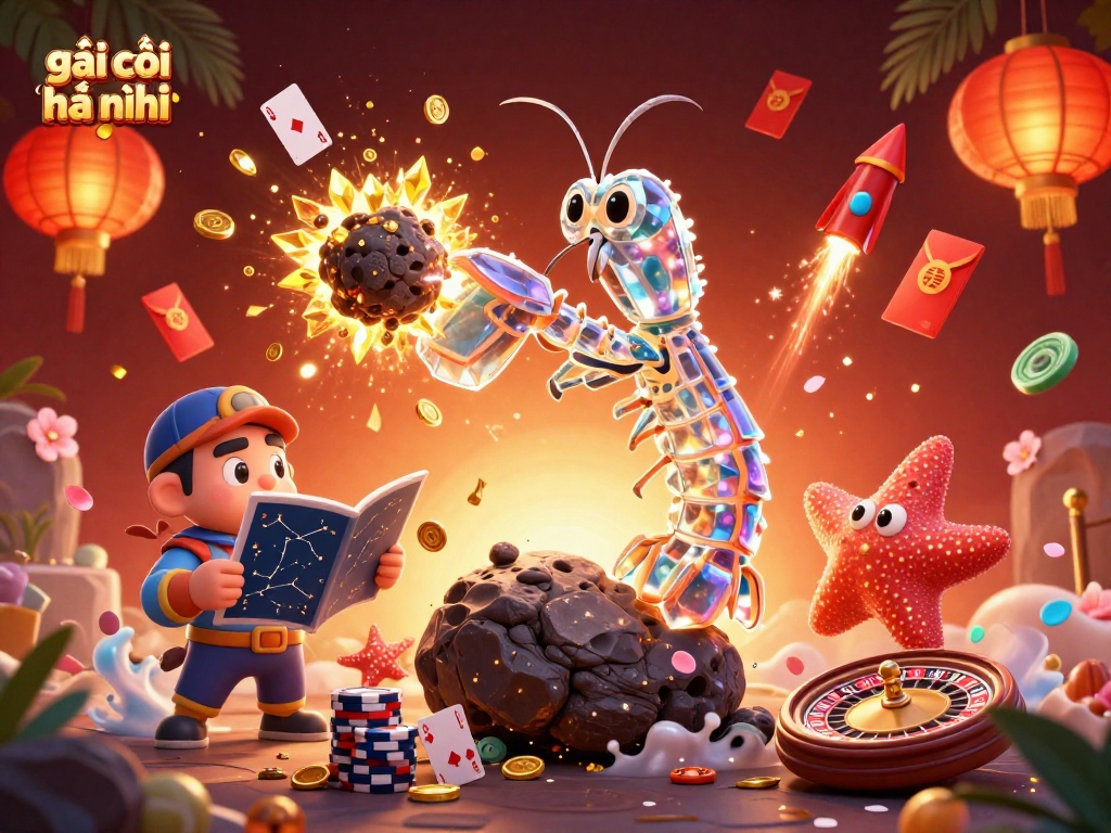 Engaging scene showcasing a galactic mantis shrimp and starfish with gambling elements. Gái gọi hà nội inspired.