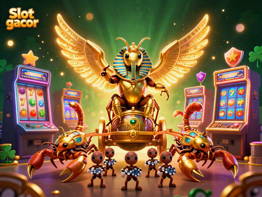 Experience the excitement of Slot gacor with a vibrant 3D casino scene featuring a golden beetle and scorpion chariot.