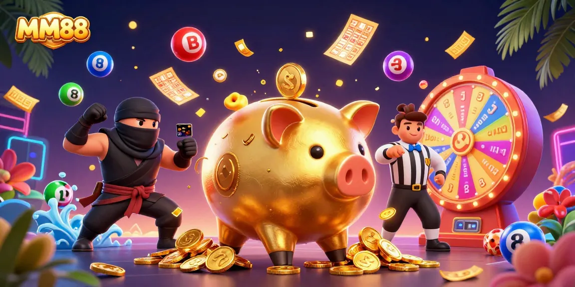 Engage in thrilling gameplay with MM88's vibrant illustration featuring exciting casino elements and characters.
