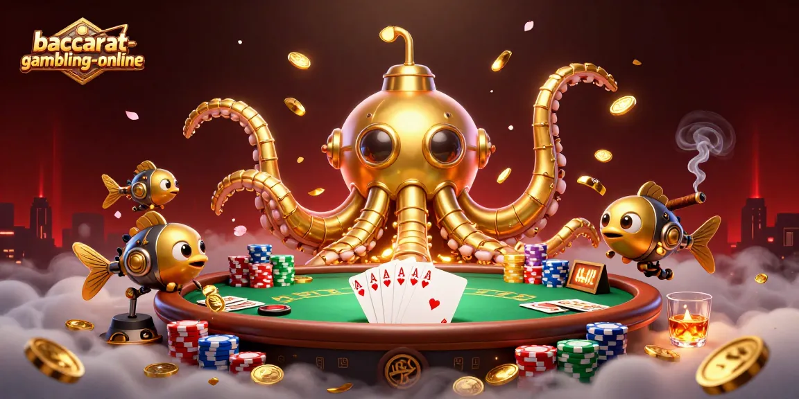 Baccarat-gambling-online features a vibrant 3D illustration of a kraken submarine amidst poker elements, symbolizing thrilling gameplay.