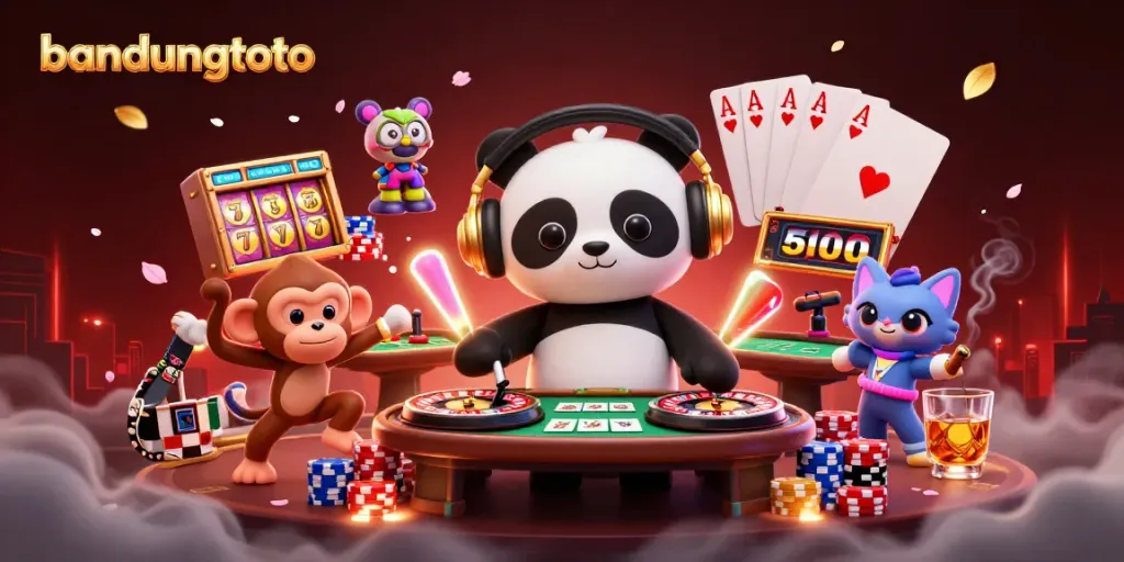 Experience the excitement with bandungtoto, featuring vibrant casino characters in an energetic gaming scene.
