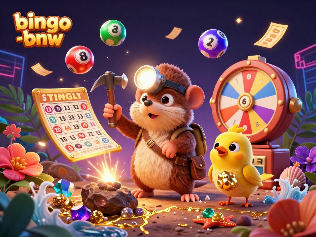 Bingo-bnw players enjoy vibrant lottery balls, a glowing bingo card, and cash prizes in a dynamic 3D scene.