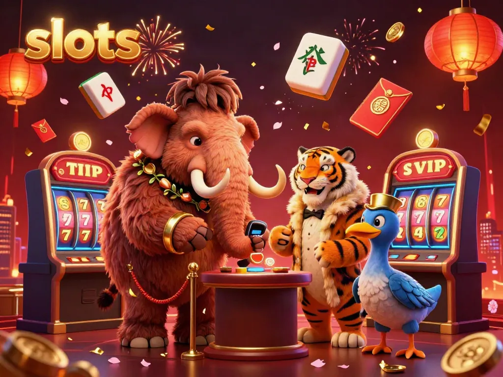 Experience thrilling slots action with an engaging casino scene showcasing a woolly mammoth bouncer and a saber-tooth VIP