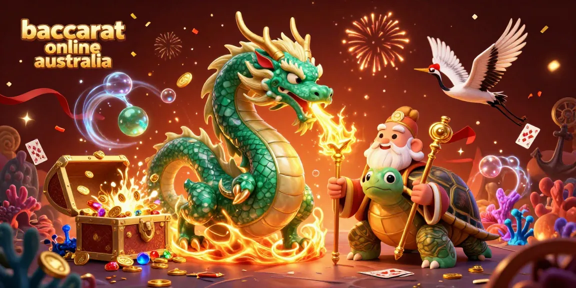 Win big at baccarat online Australia with dragons and lucky symbols in a vibrant casino-themed 3D scene.