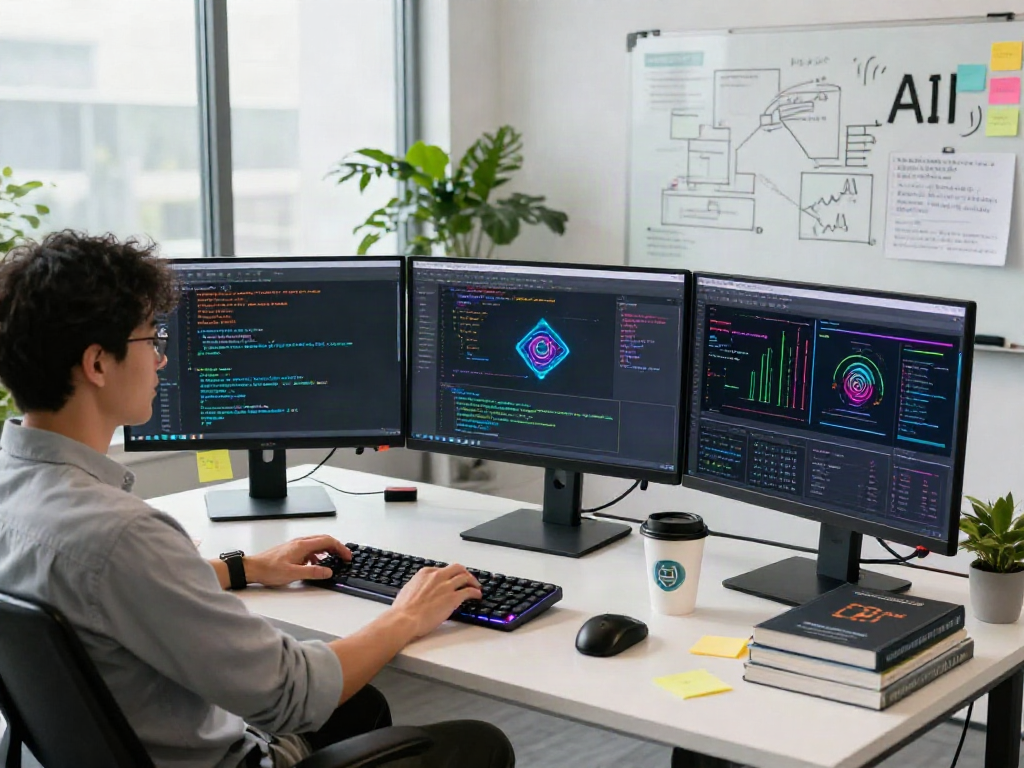 Developer working on AI algorithms in a modern tech workspace, crush on ai evident through multiple screens displaying complex code and data.