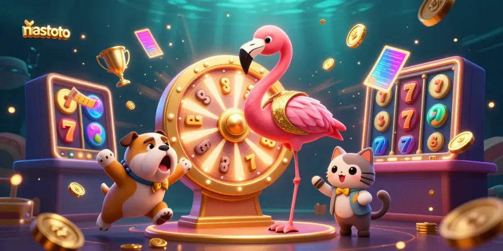 Experience excitement with niastoto as a flamingo host spins a jackpot wheel, thrilling contestants.