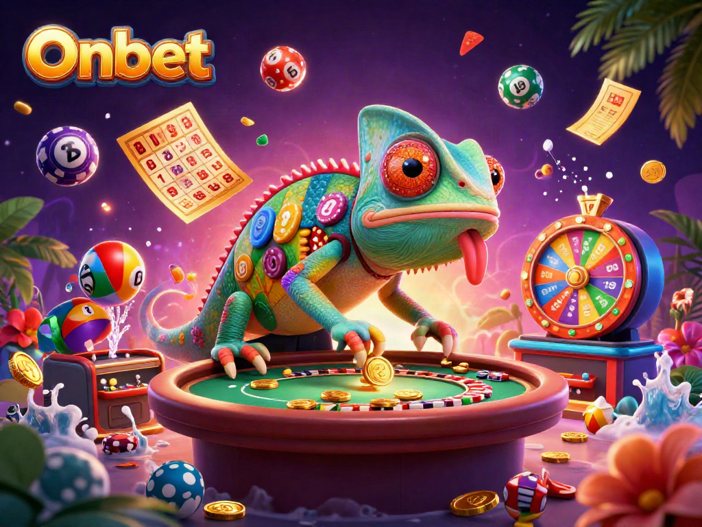Join the vibrant world of Onbet with a dynamic chameleon casino owner amidst colorful gambling elements.
