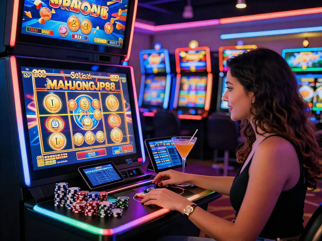 Engaged player enjoying Slot Gacor MAHJONGJP88 in a vibrant online casino setting, surrounded by gaming elements.
