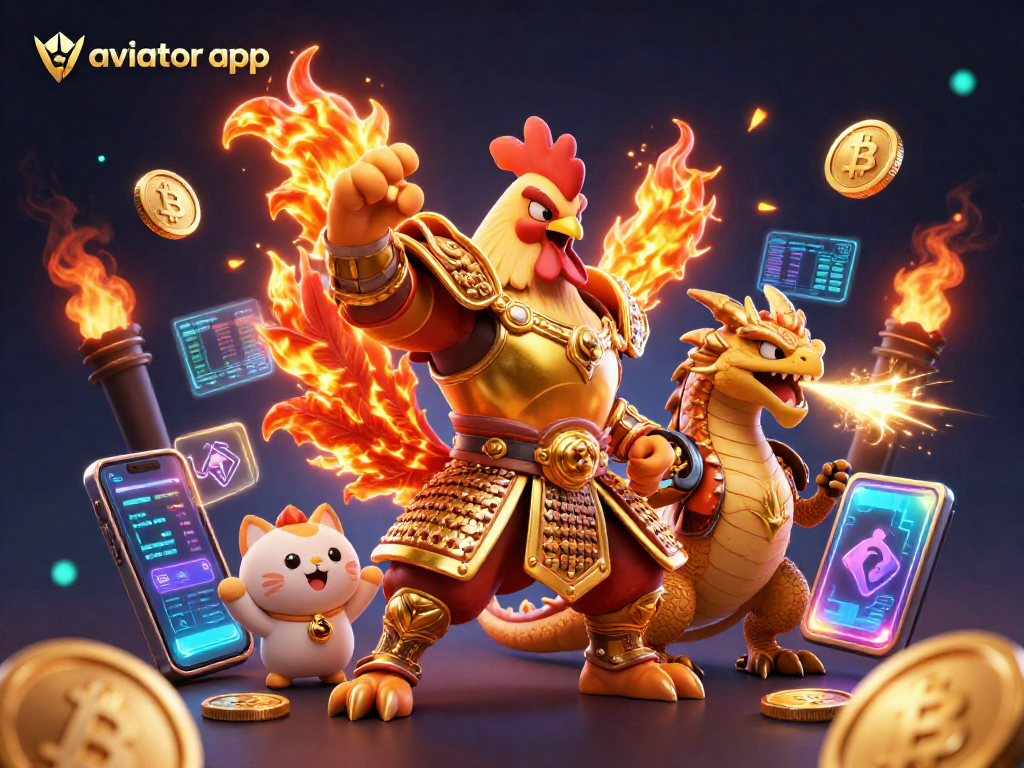 Engage with the aviator app in this dynamic casino scene featuring a fiery rooster warrior and dragon amidst crypto elements.