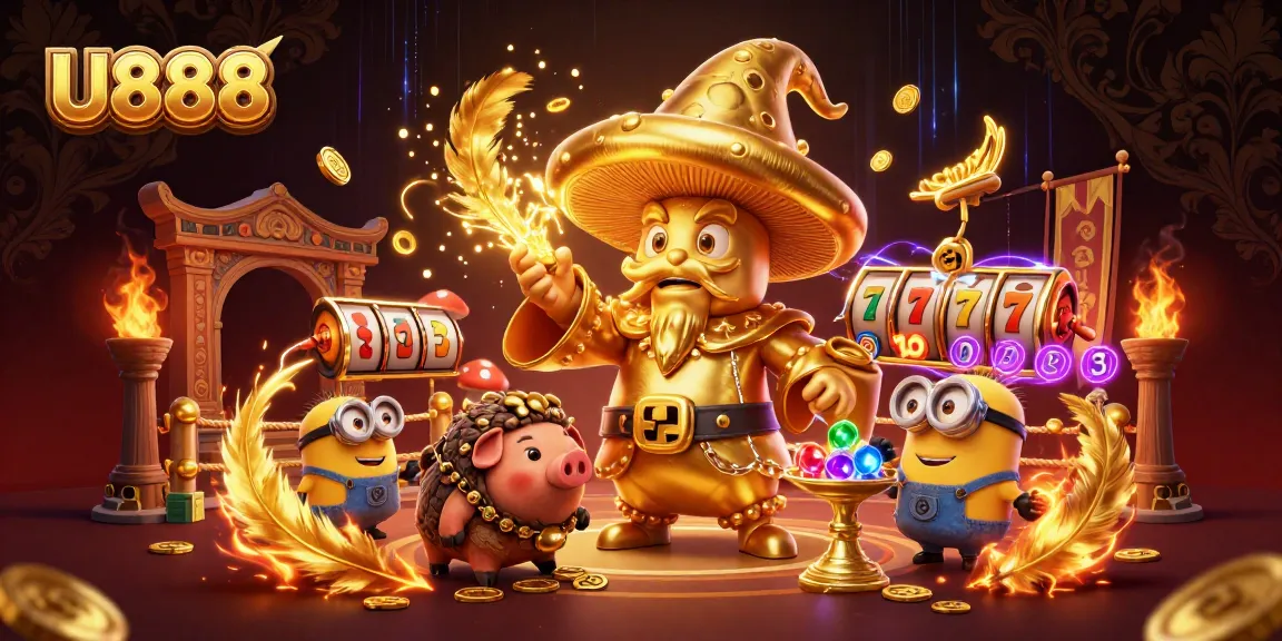 U888 features a vibrant scene with a golden mushroom wizard and treasure, illustrating thrilling casino fun.