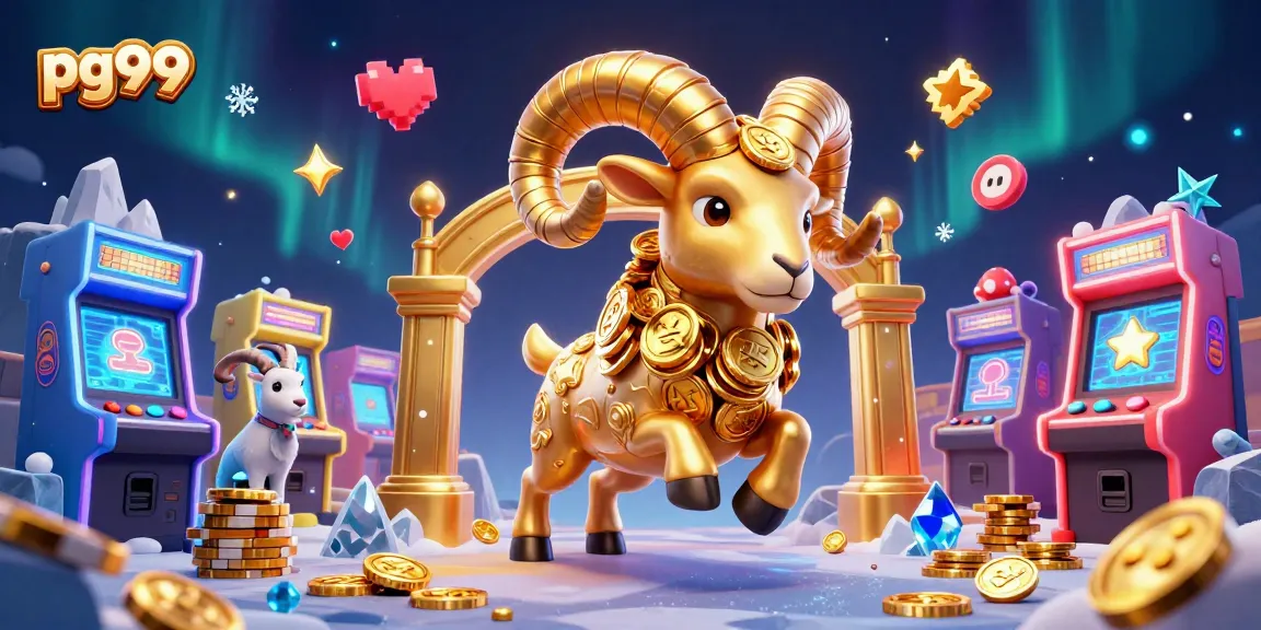 pg99 players enjoy exciting games at a vibrant online casino, showcasing golden ram charging amidst colorful game elements.