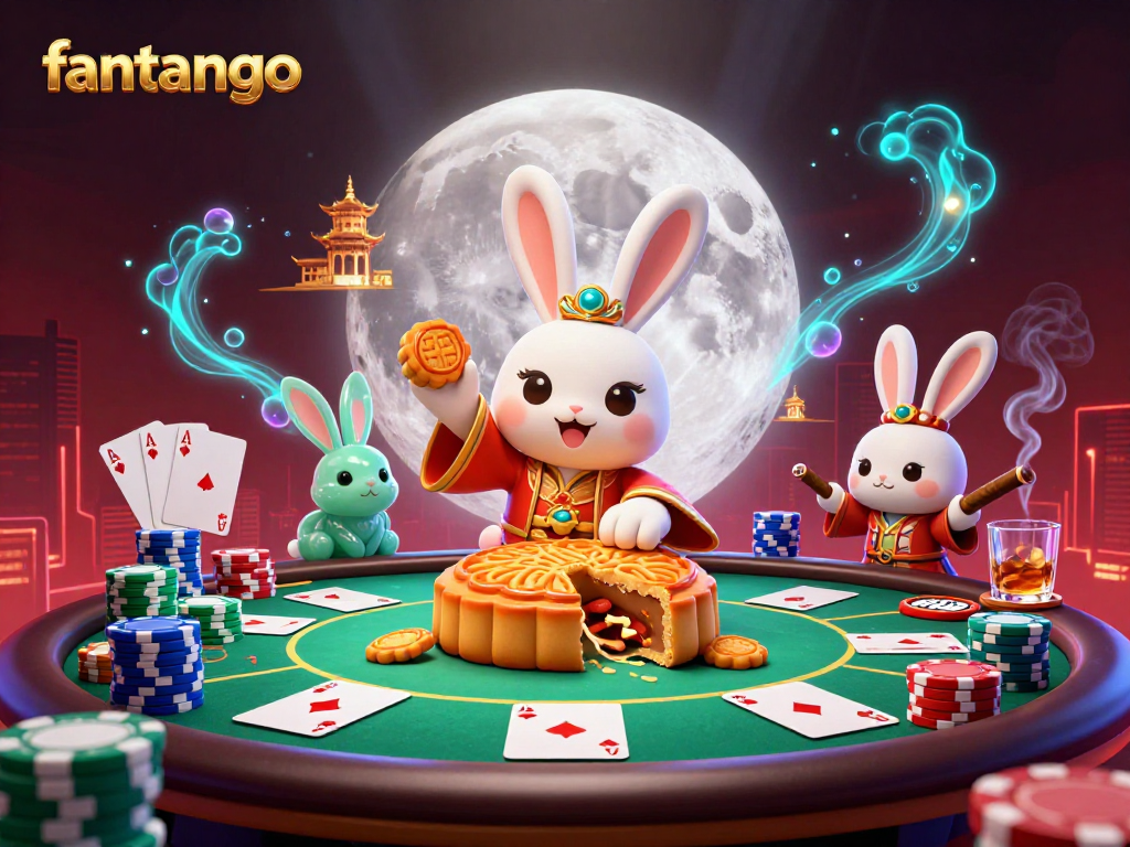Engage in fantango with a dynamic casino scene featuring a moon rabbit and poker elements.