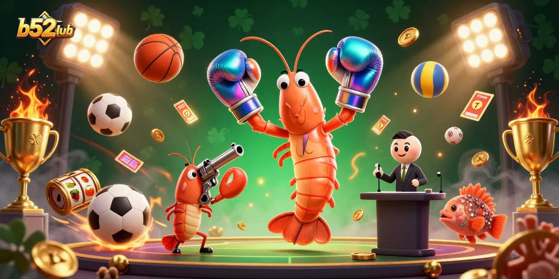 Action-packed b52club scene with fierce characters surrounded by dynamic slot elements and trophies.