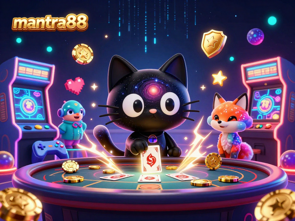 Play exciting games at mantra88 with a cosmic-themed casino illustration featuring a black hole cat and colorful fox.
