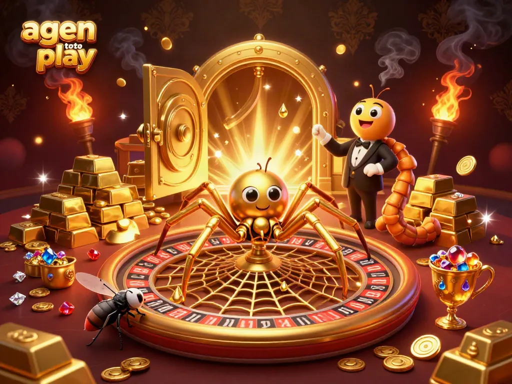 Spin the winning wheel with agen toto play, featuring a golden spider and stylish croupier in an engaging casino scene.