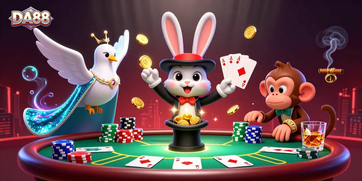 DA88 captures a thrilling 3D illustration of a magician rabbit pulling coins, augmented by fellow casino characters amidst poker excitement.