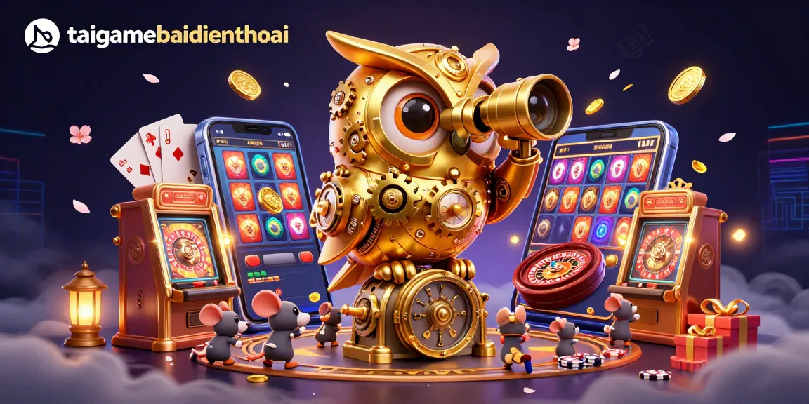 Engage with taigamebaidienthoai in a colorful casino scene featuring a golden owl and vibrant gaming elements.