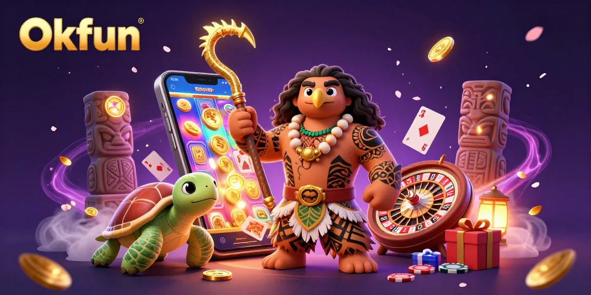 Experience thrilling slot action at Okfun with a vibrant 3D casino scene and engaging game elements.