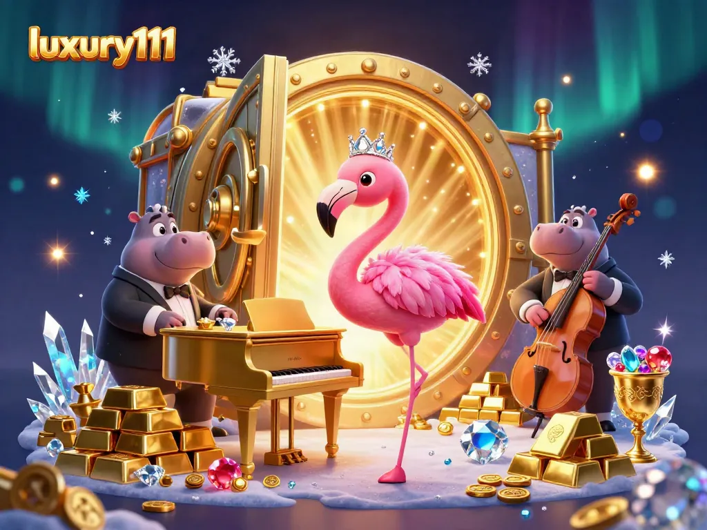 luxury111 captivates players with a vibrant casino scene featuring a singing flamingo and hippo bassist