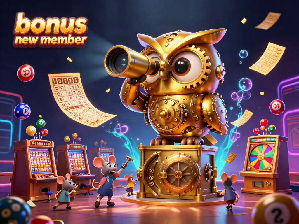 Engage with the bonus new member offer featuring a vibrant casino scene full of elements and characters.