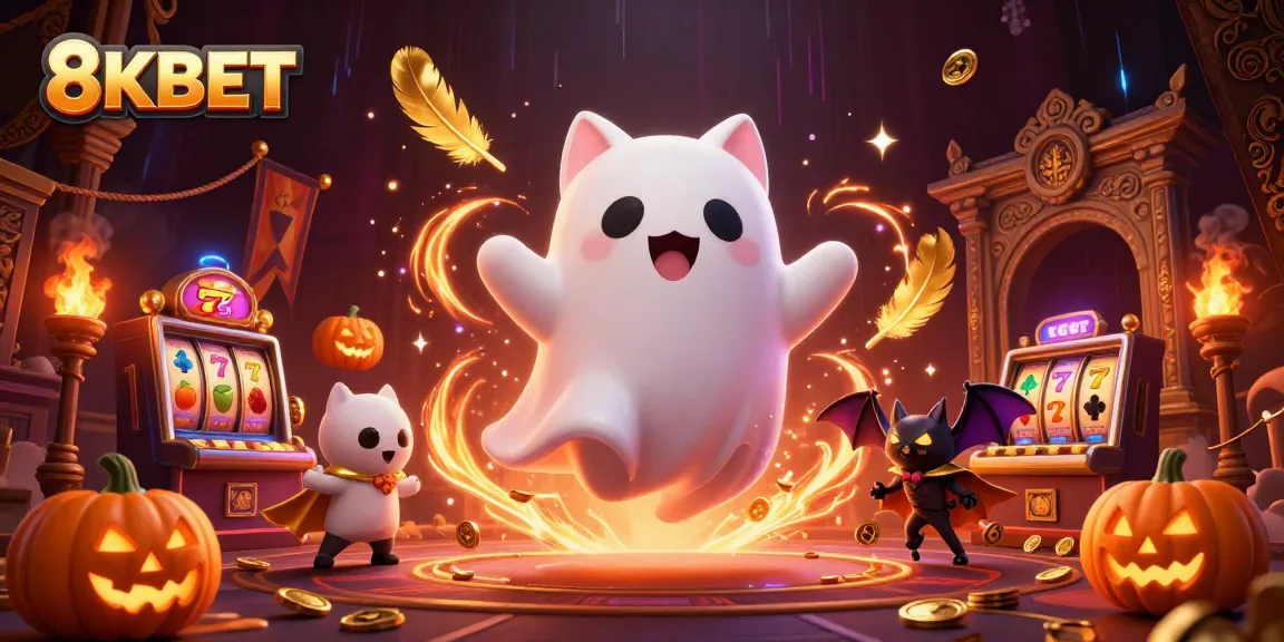 Experience thrilling action with 8KBET in a haunted casino with a ghost cat and a vampire bat.