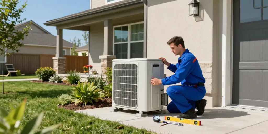 Air Conditioner Install Calgary - technician installing a central AC unit in a residential setting, demonstrating professional service.