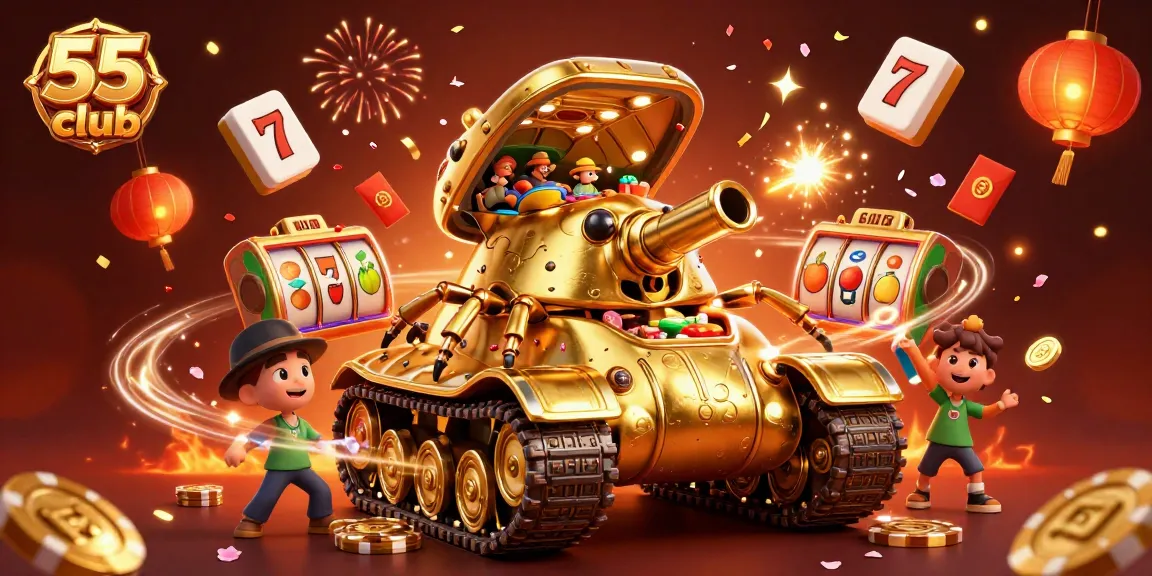 Experience thrilling slots at 55 club with a massive golden beetle tank and dynamic floating game elements.