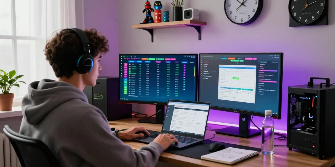 먹튀스팟 검증사이트 gamer in a cozy office with verification tools and monitors.