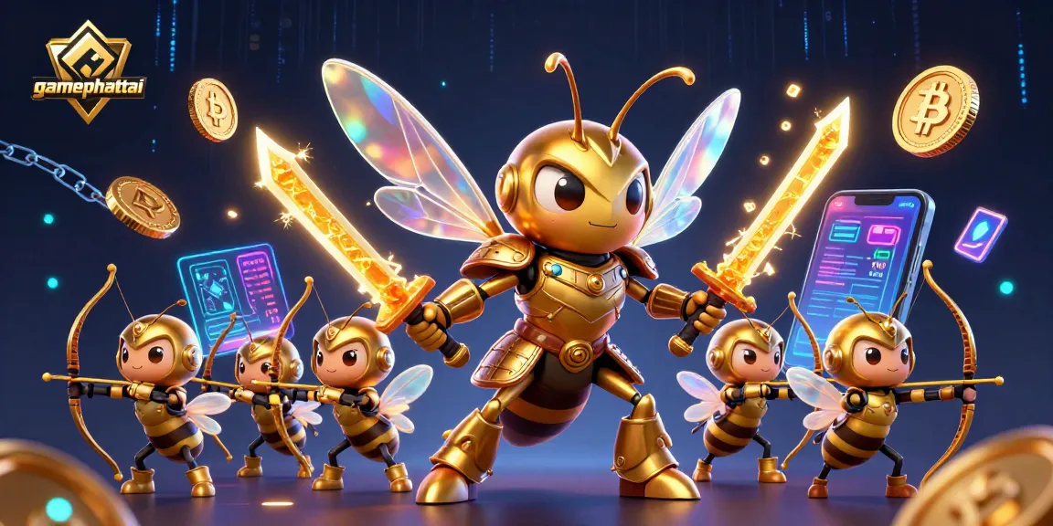Spin to win with gamephattai, a dynamic slot scene featuring 3D golden hornet and crypto elements.