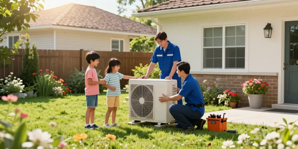 Family enjoying comfort while an HVAC technician conducts Air Conditioner Install Calgary in their backyard.