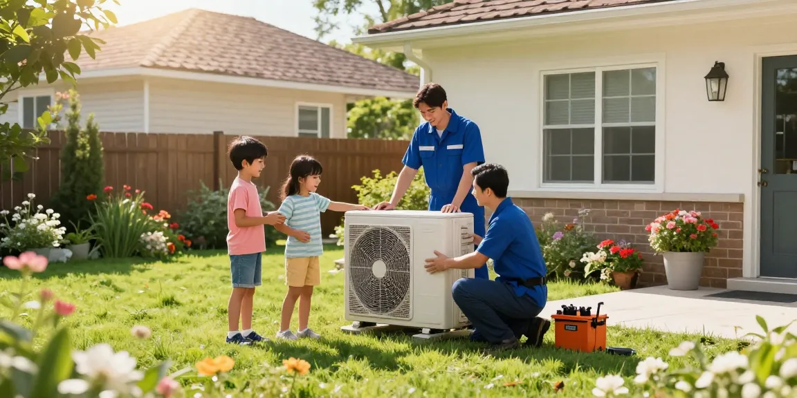 Family enjoying comfort while an HVAC technician conducts Air Conditioner Install Calgary in their backyard.