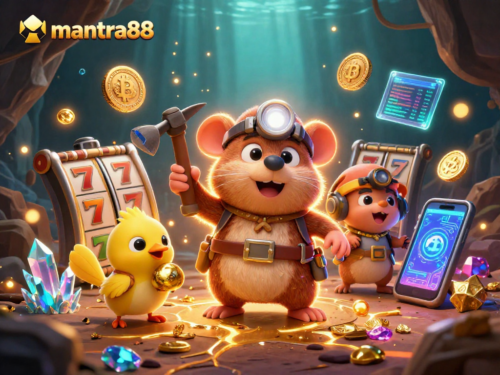 Experience lucky wins at mantra88 with a vibrant illustration of slot reels and treasure hunters in action.