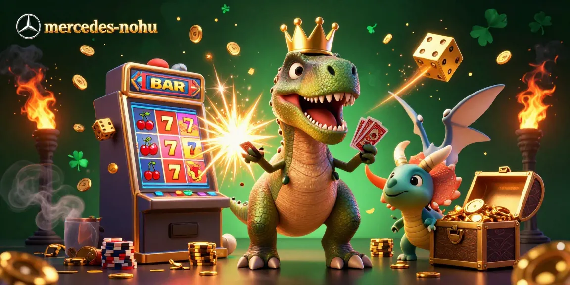 Experience thrilling gameplay at mercedes-nohu with a friendly T-Rex shuffling cards and vibrant casino elements.