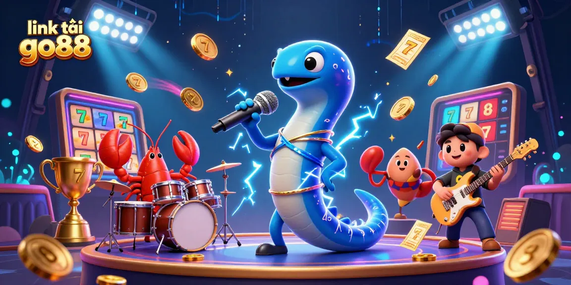Join the excitement with link tải go88 in this vibrant undersea casino scene showcasing a DJ electric eel and friends.