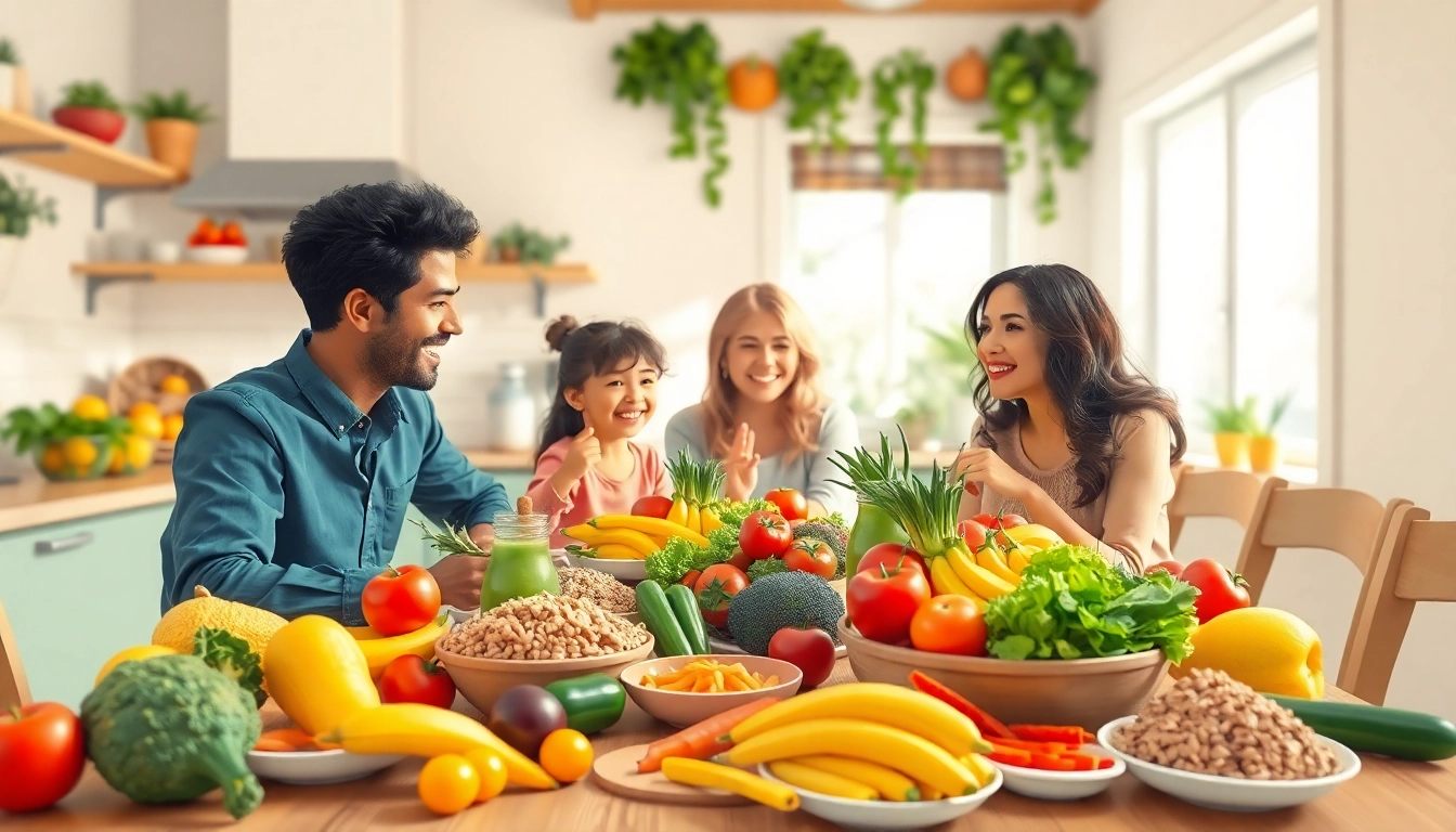 Encouraging Healthy Eating Habits through a family meal in a bright kitchen setting.