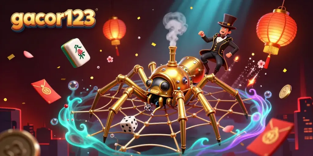 Play thrilling games at gacor123 with an intricate steampunk spider and vibrant casino elements.