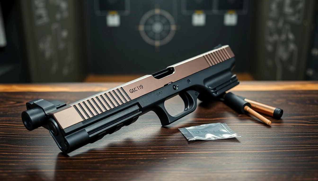 Display of a glock 19 gen 5 slide highlighting its unique features and accessories.