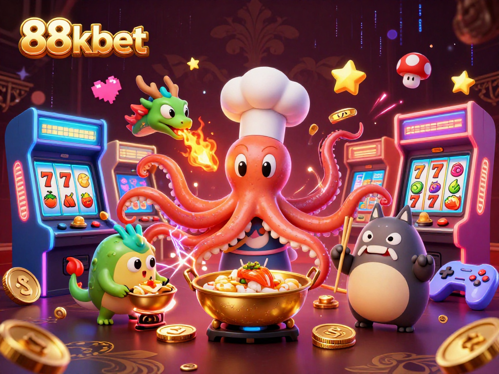 Experience excitement with 88kbet as the octopus chef crafts golden dishes amidst a casino game scene.